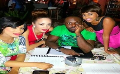 PHOTO: JIM IYKE (), EKU, ZYNLL AND DI ON SET OF ‘AND LOVE COMES AROUND’